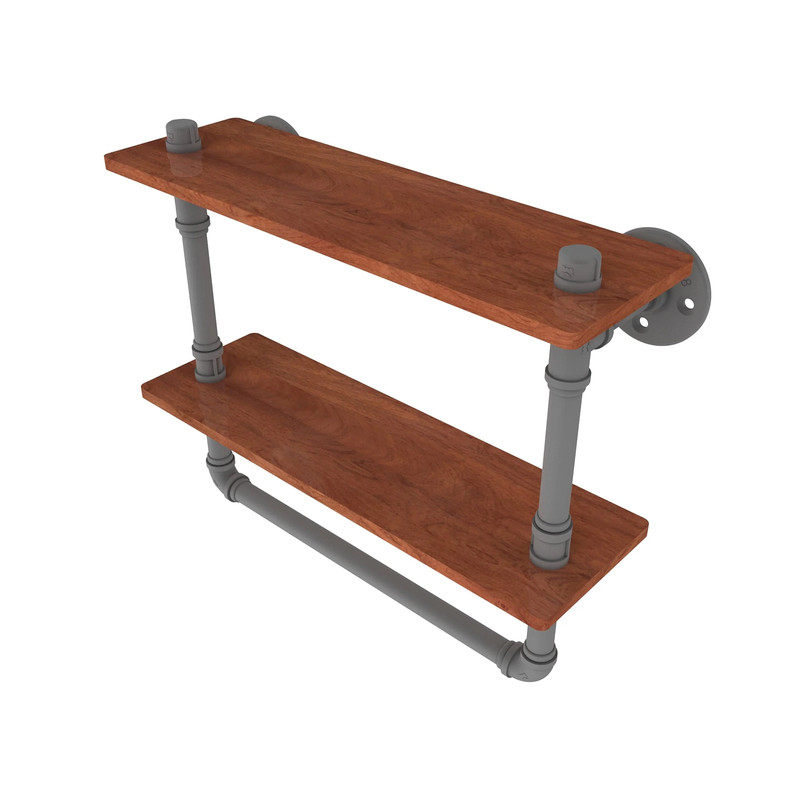 16" Double Ironwood Shelf with Towel Bar, Matt Gray Finish